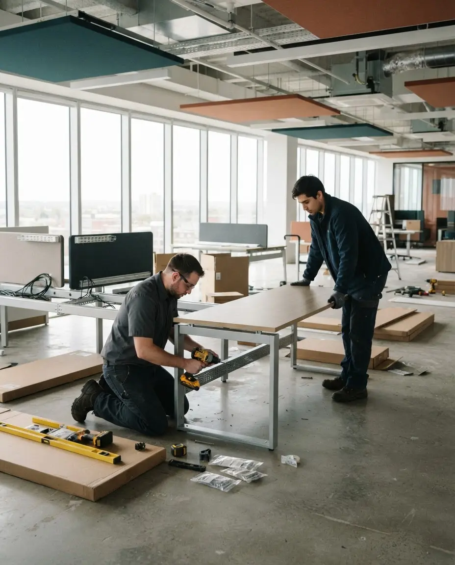 Equipo de instalación montando escritorios en una oficina comercial